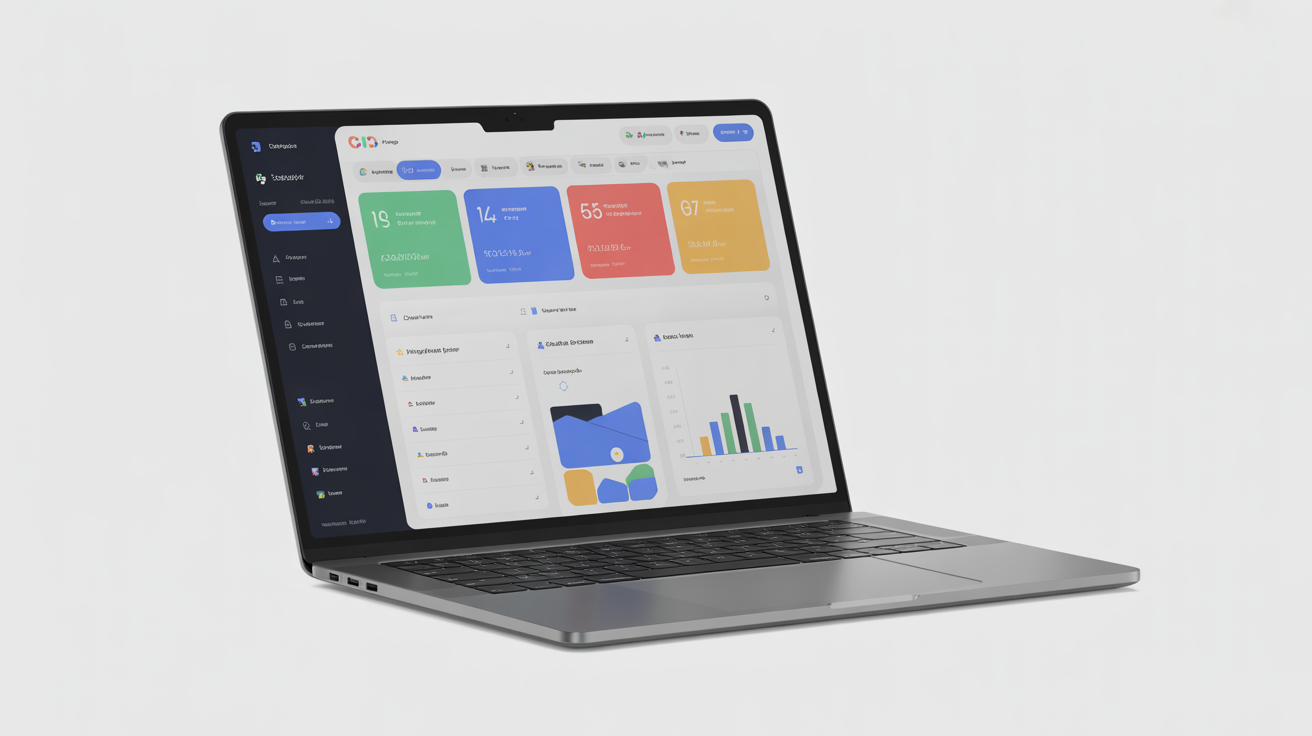 Laptop displaying PusWeb website builder dashboard interface