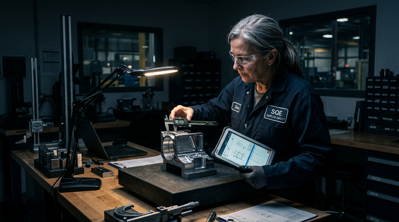 Senior supplier quality engineer inspecting a machined part with a caliper and tablet