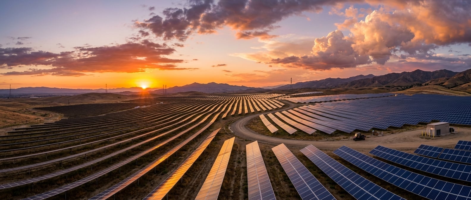 Solar farm at sunset