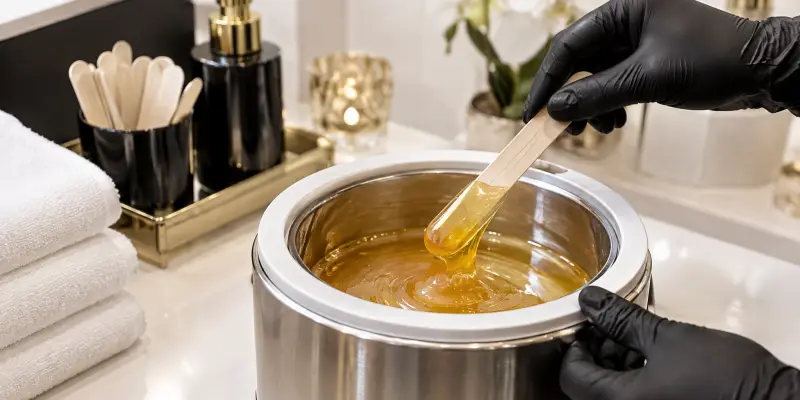 Esteticista preparando cera para depilação íntima em salão de Sorocaba