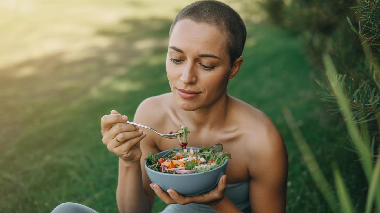 Žena jede zdravu salatu u prirodi kao simbol svesne ishrane, energije i balansa tela i uma
