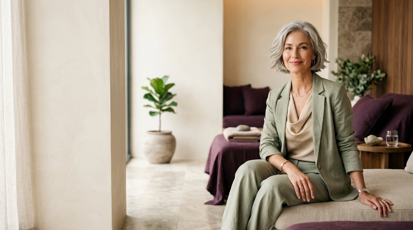 Elegant midlife woman with silver hair in a serene luxury wellness studio