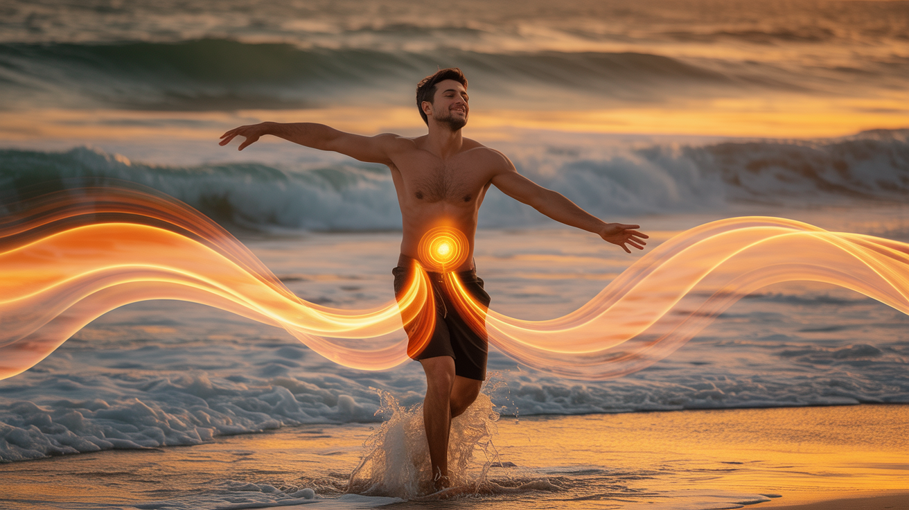Muškarac pleše na plaži sa narandžastom energijom Svadhisthana čakre i talasastim obrascima