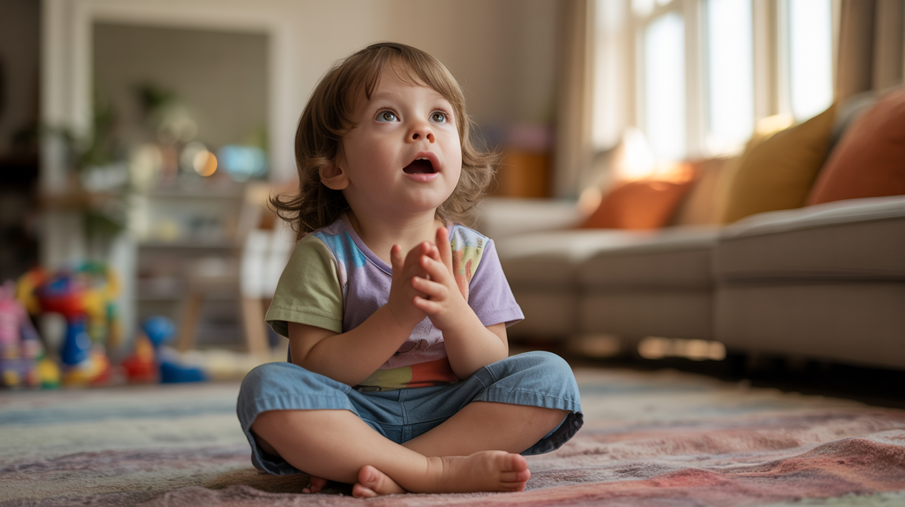 Wide-eyed child looking up in wonder while watching a children's magic show