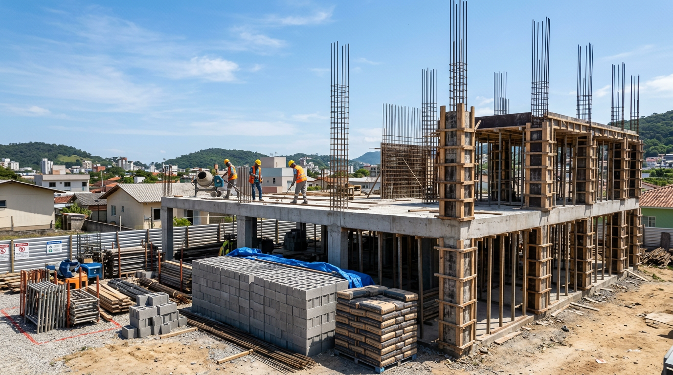 Construção residencial em andamento com materiais de construção organizados