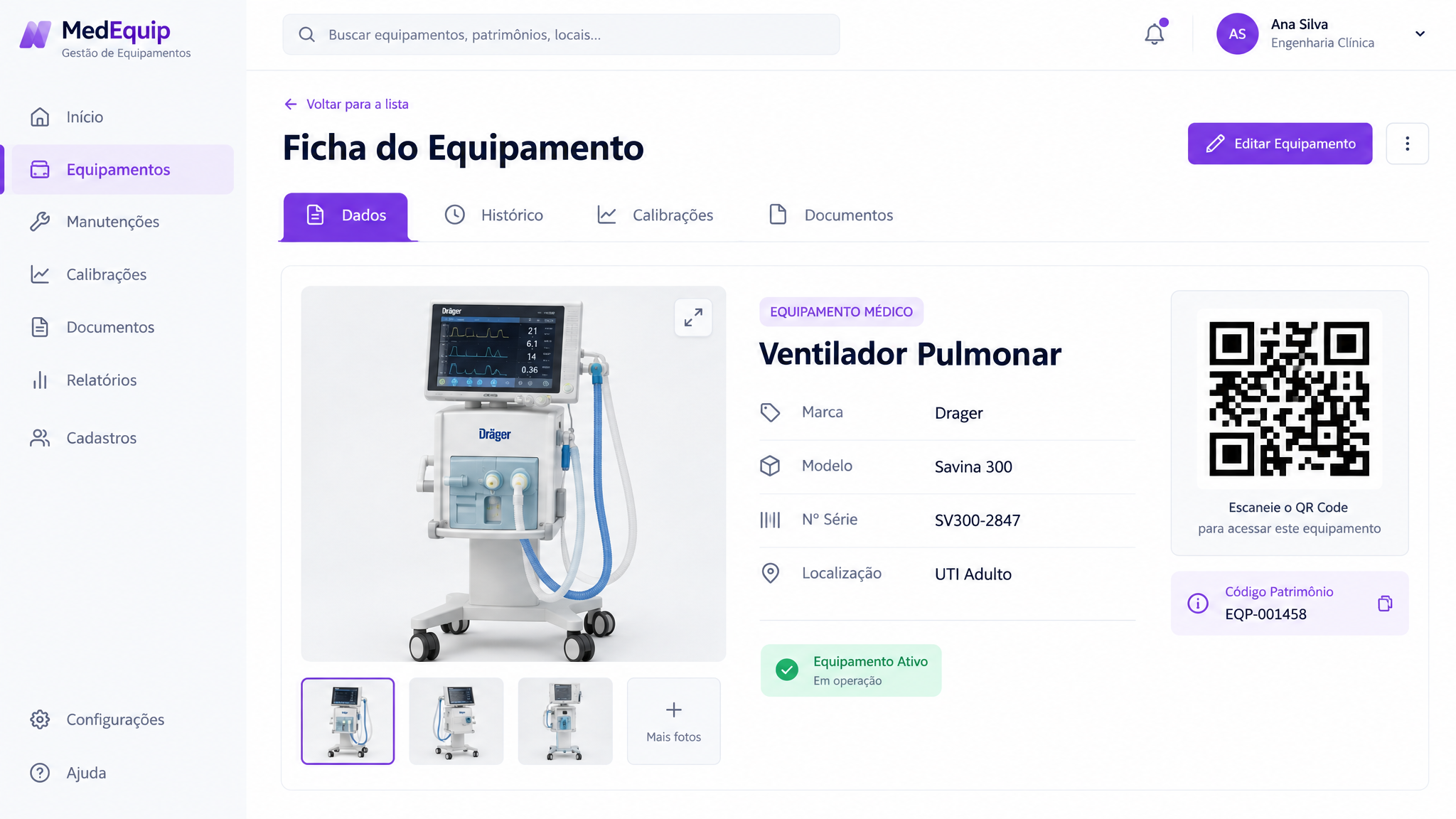 Ficha do equipamento com QR Code