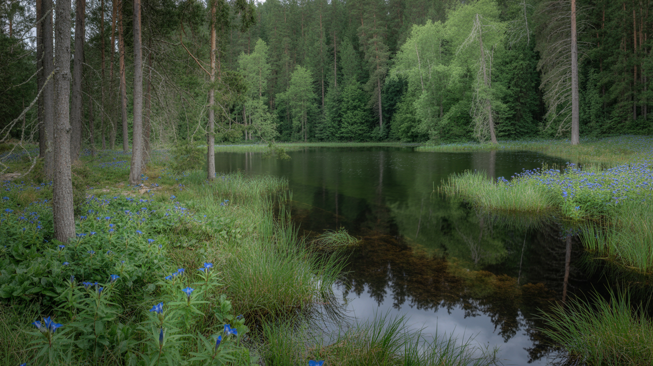 Kögelweiher bei Nesselwang - Idyllischer Waldmoorsee mit geschützten Enzianblüten im Naturschutzgebiet im Allgäu