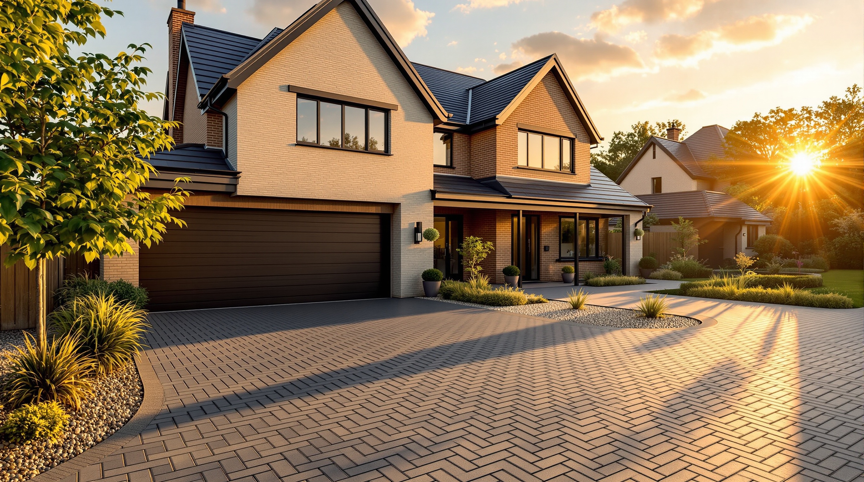 Beautiful home exterior with professionally paved driveway at golden hour