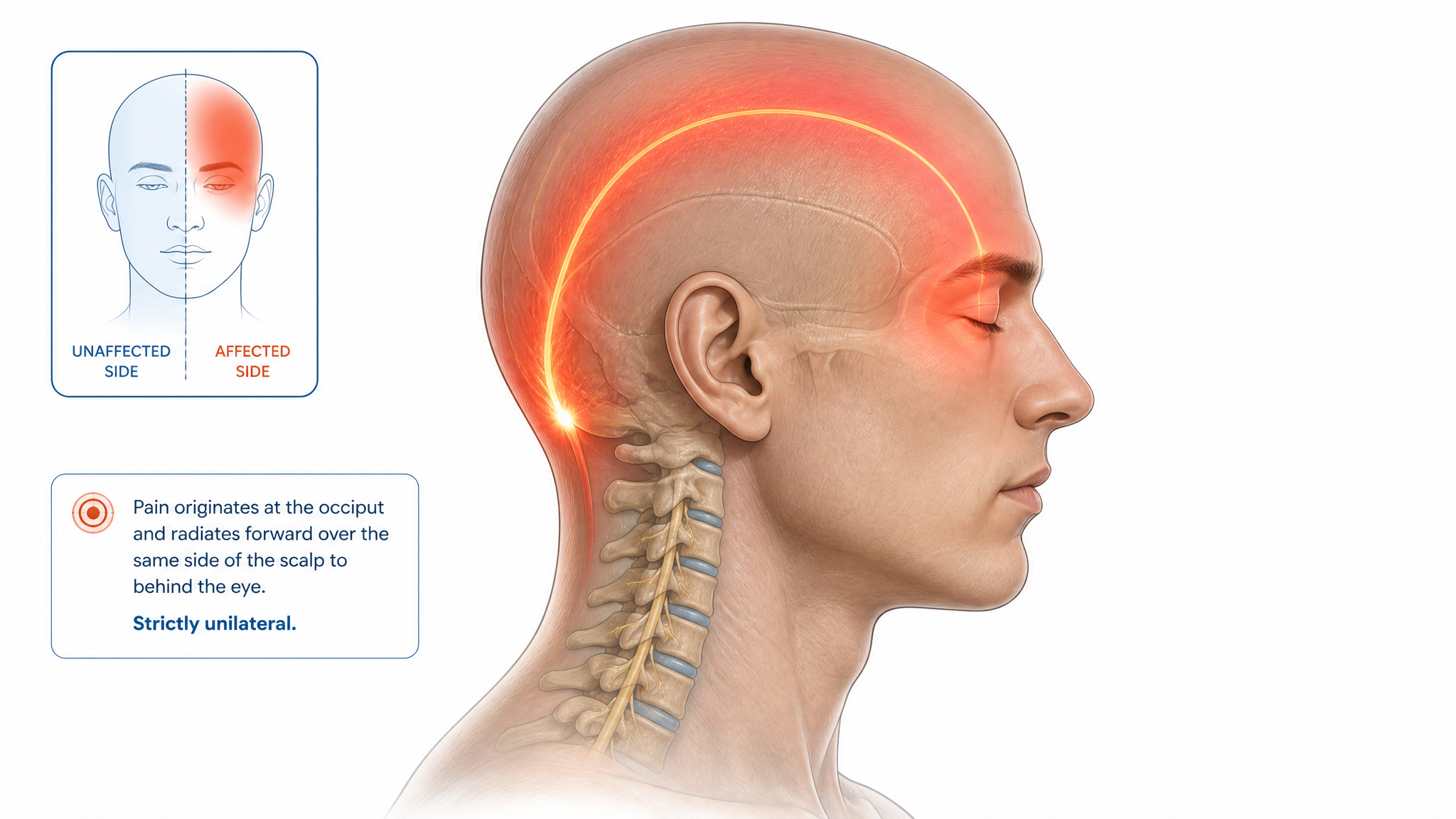 Illustration of a head in profile with a one-sided pain arc from the base of the skull to behind one eye