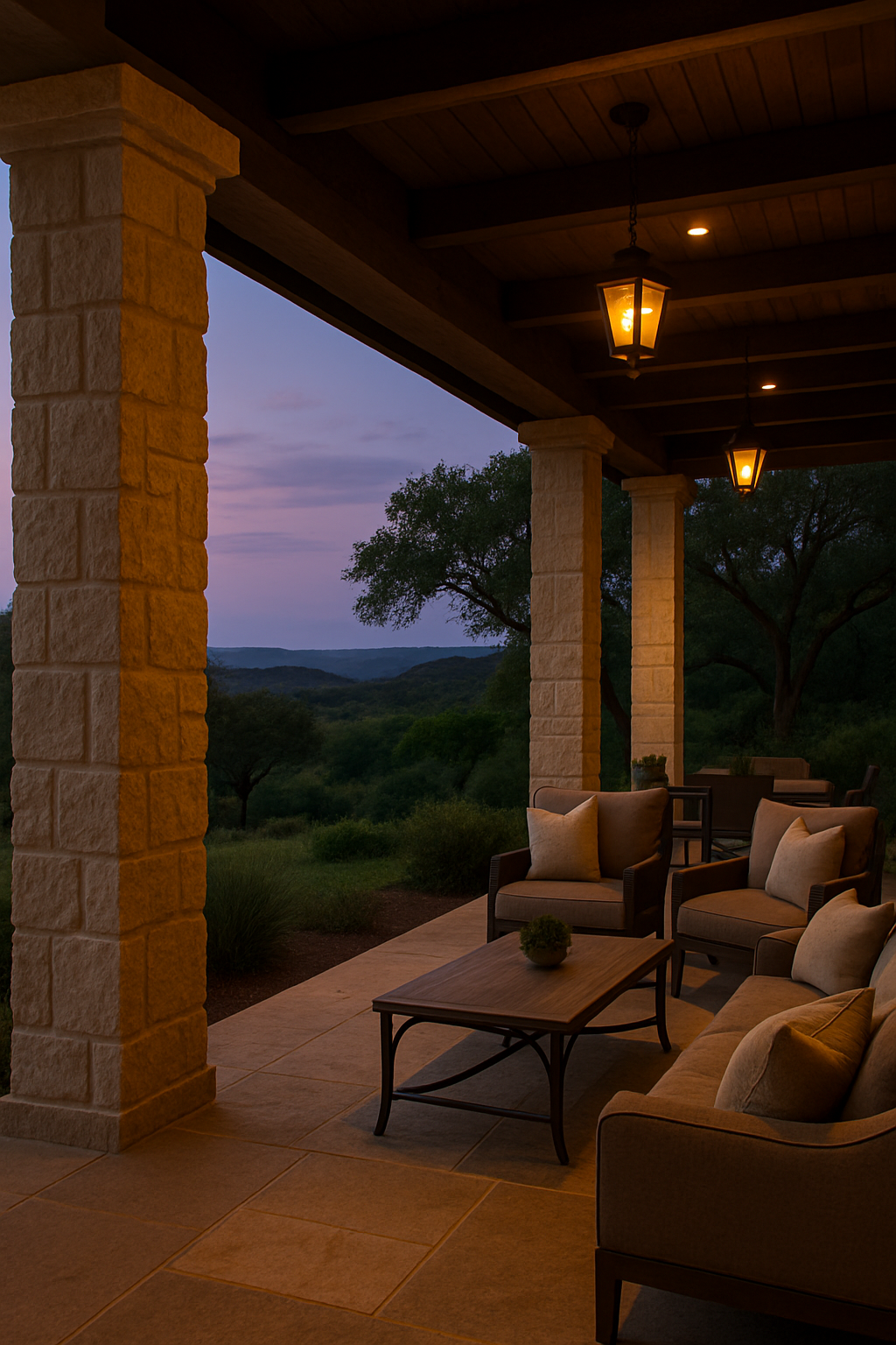 Texas Hill Country outdoor living space at dusk