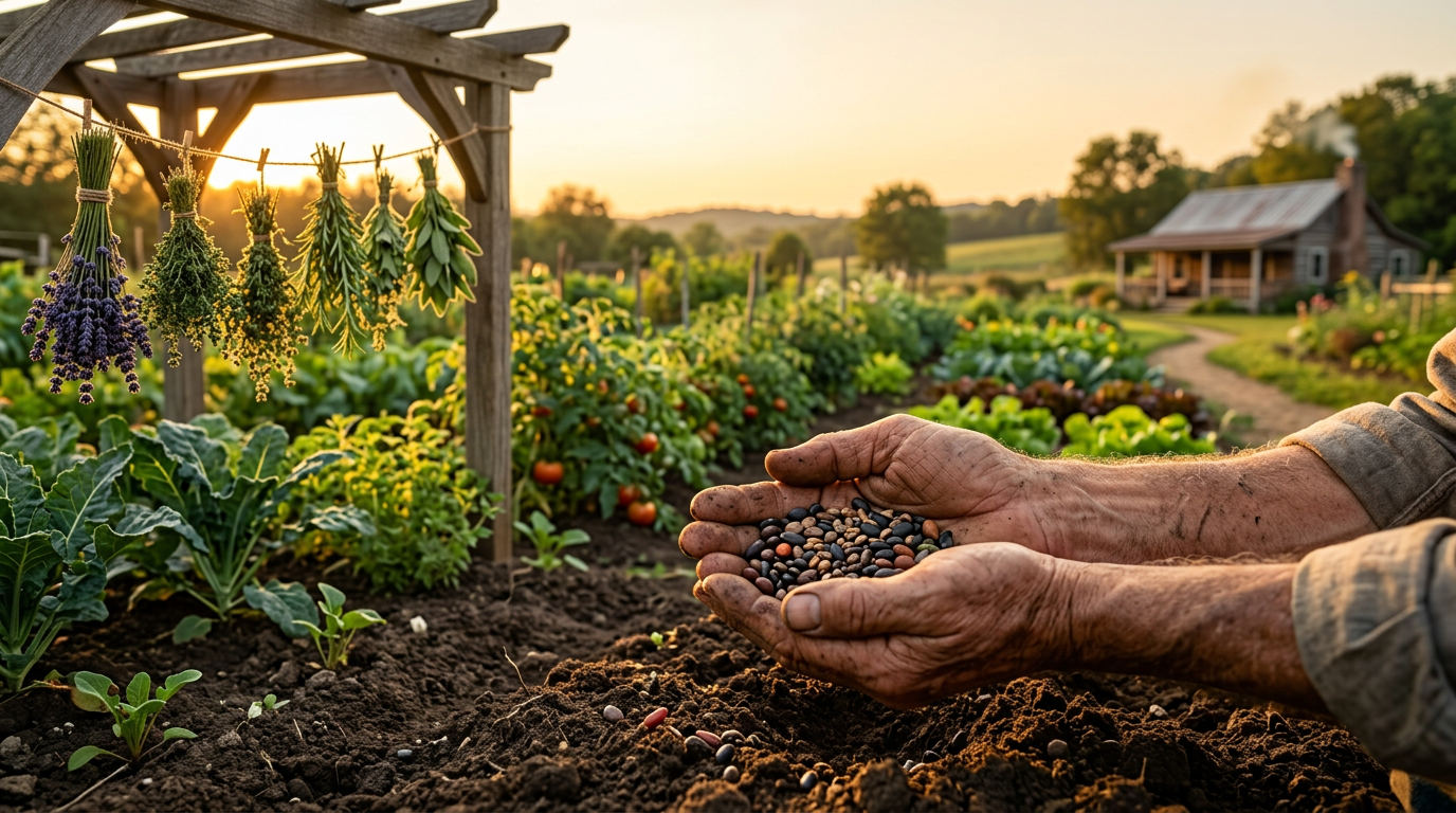 A homesteader's hands cradling heirloom seeds over rich soil at golden hour, with a lush herb and vegetable garden behind
