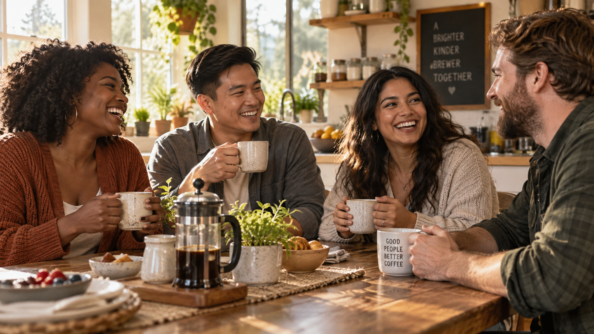 People enjoying coffee together around a warm, welcoming table