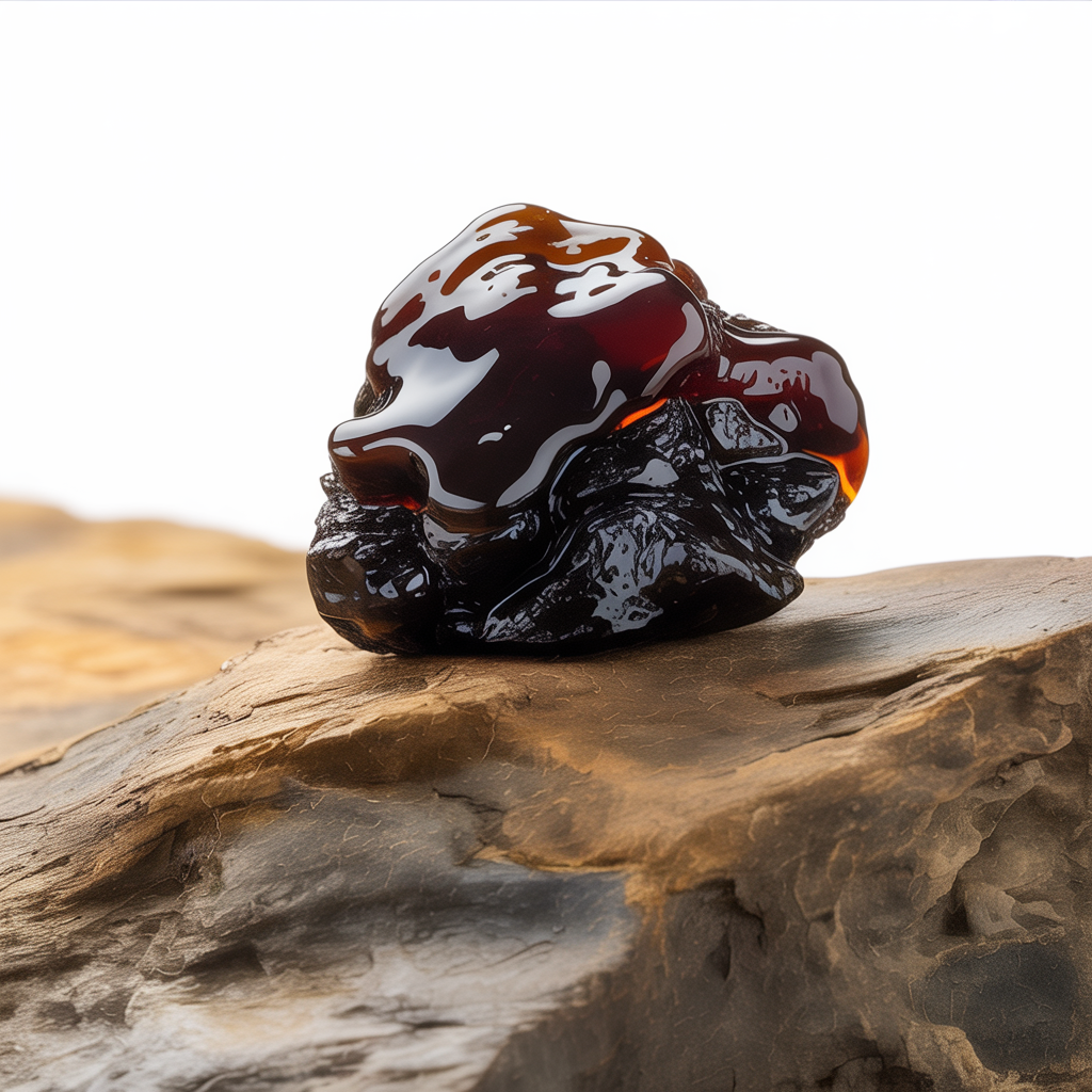 Raw dark amber shilajit resin on natural Himalayan rock surface