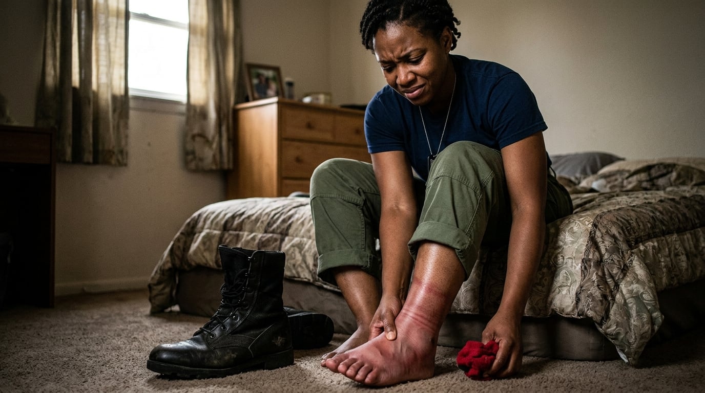 A woman veteran removing a tight, ill-fitting military boot