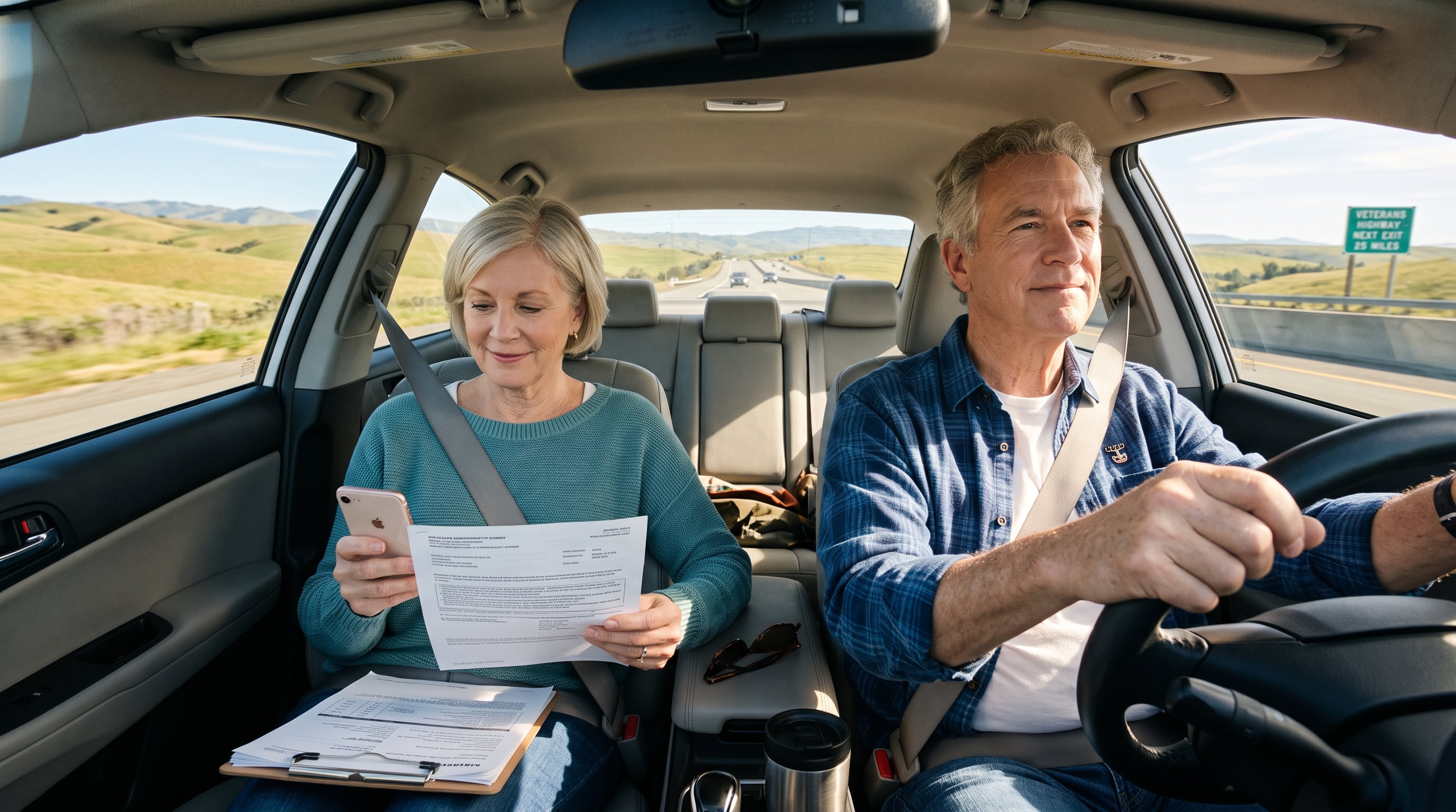 A senior veteran couple on a scenic daytime highway drive, the passenger checking a phone and paperwork for mileage reimbursement