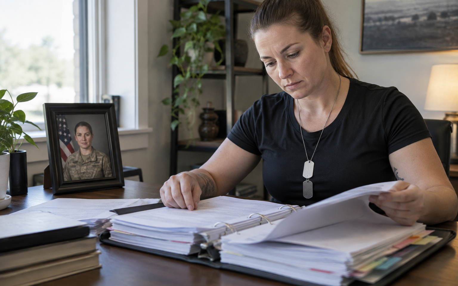 A woman veteran wearing dog tags organizing a binder of service and medical records beside her uniform portrait