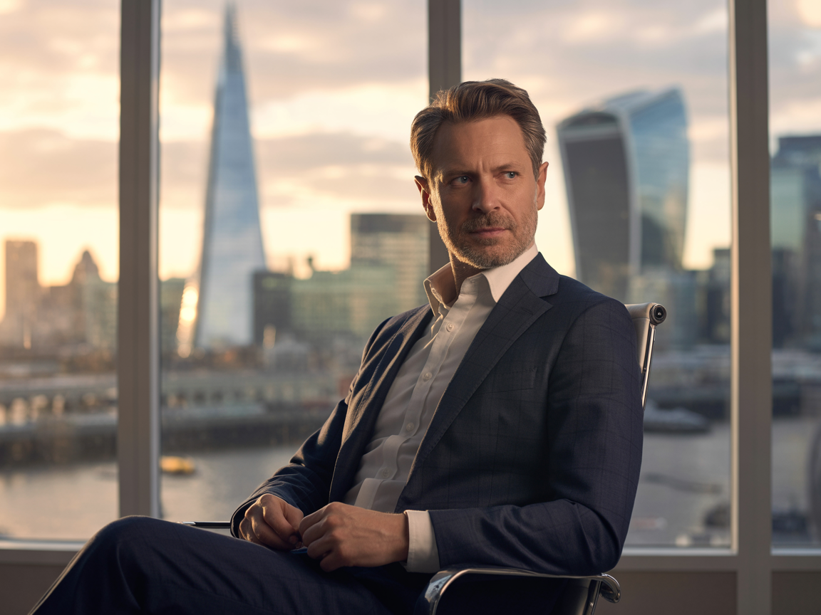 Erik D'Søüs, founder of D'SØÜS Advisory, seated in a London office with The Shard skyline