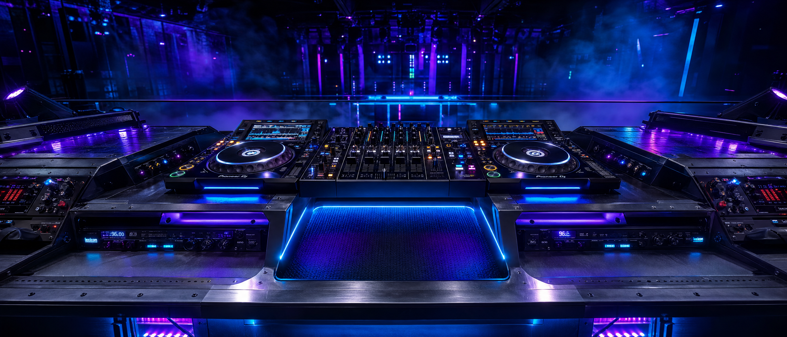 Stroboscopic Speaker positioned on a professional DJ booth alongside turntables, mixer, and DJ equipment with neon purple and blue lighting