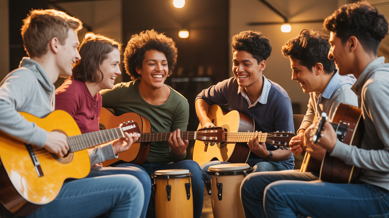 Atividade cultural com jovens tocando instrumentos