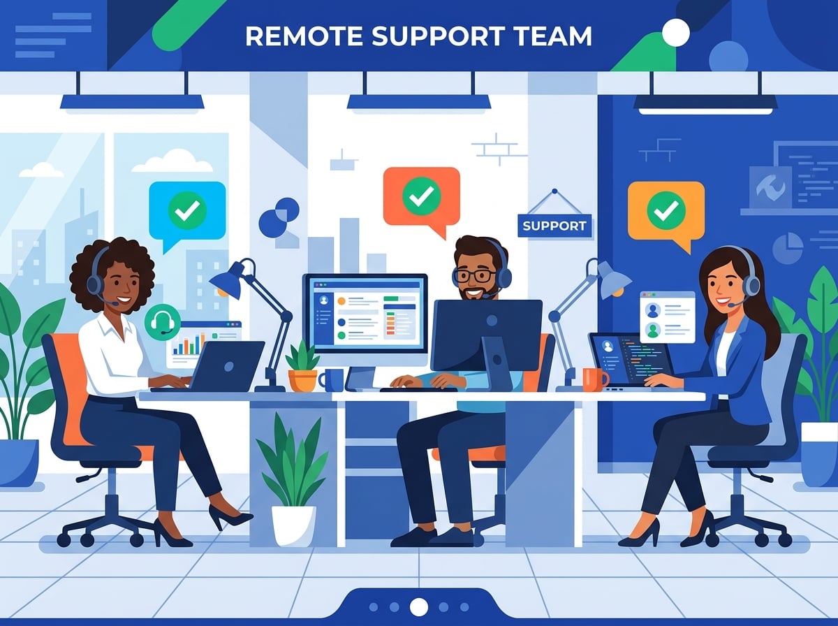 Equipe de suporte EduGest Pro auxiliando clientes remotamente