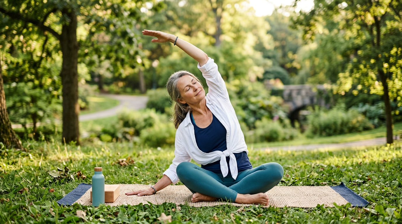 Woman doing gentle yoga outdoors in green space, representing non-hormonal approaches to menopause