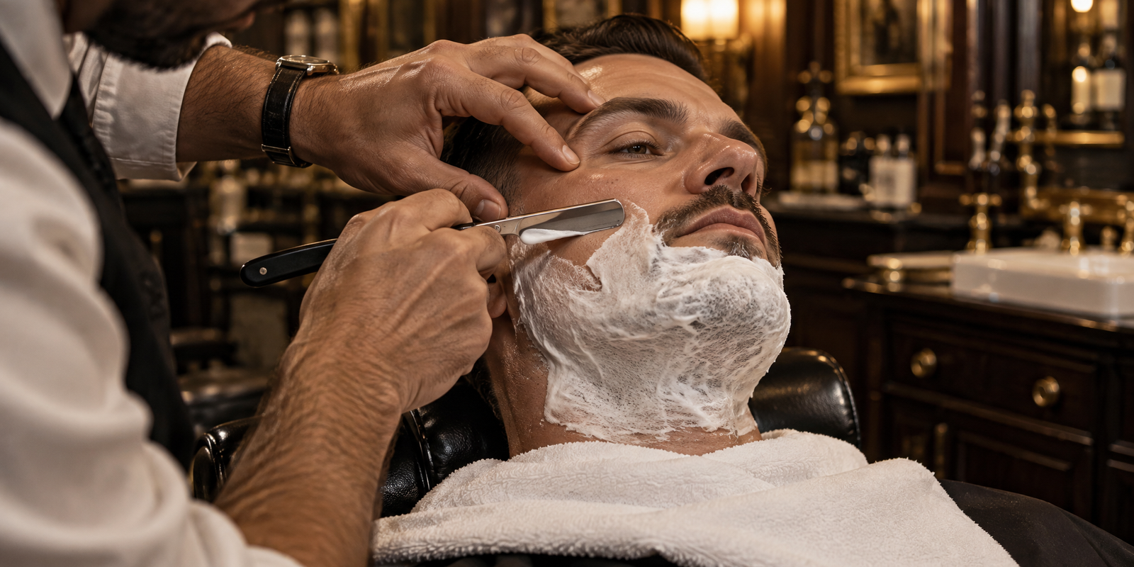 Barbear clássico na navalha com espuma em barbearia de Sorocaba