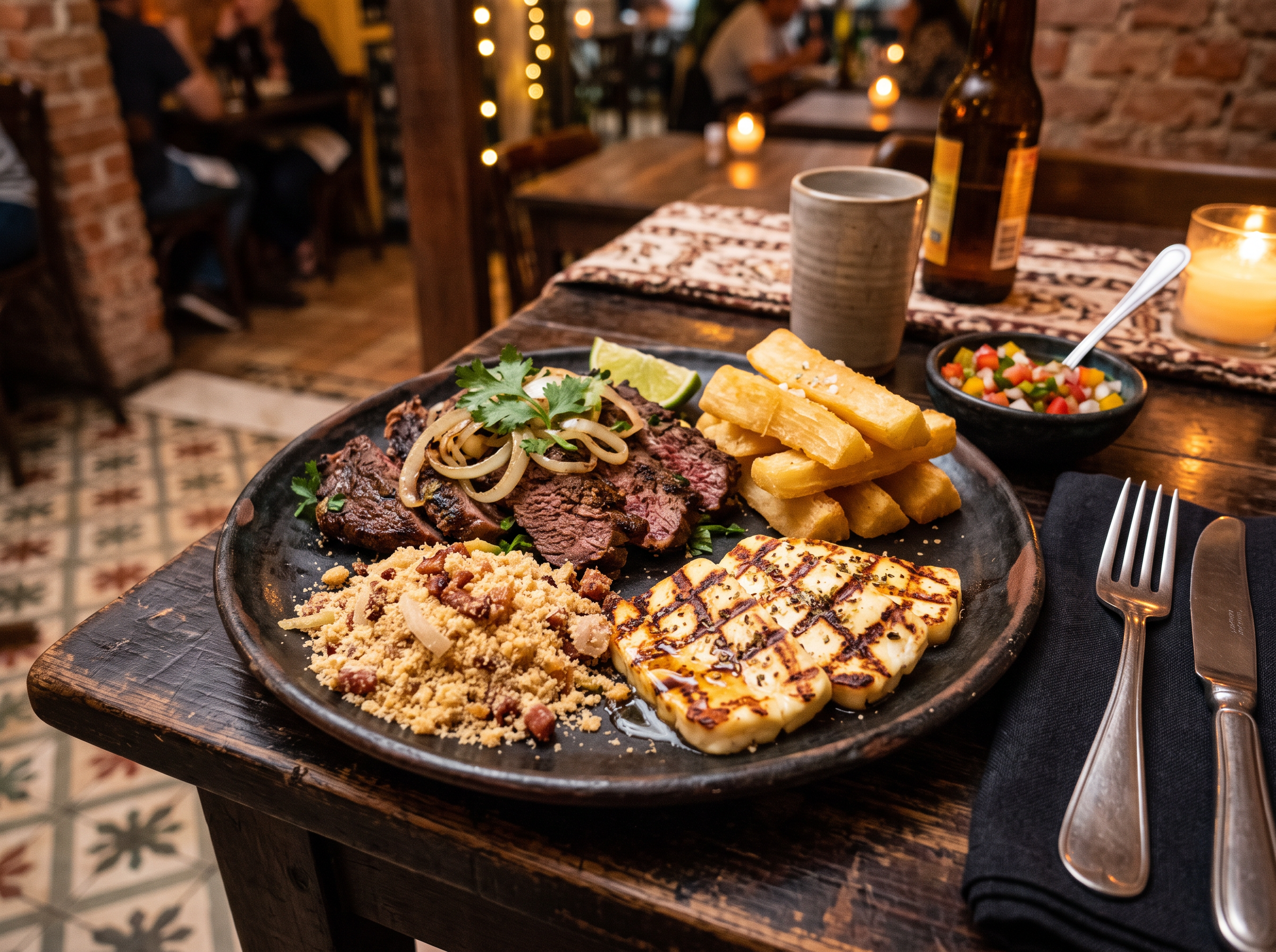 Carne de sol com macaxeira frita, farofa e queijo coalho