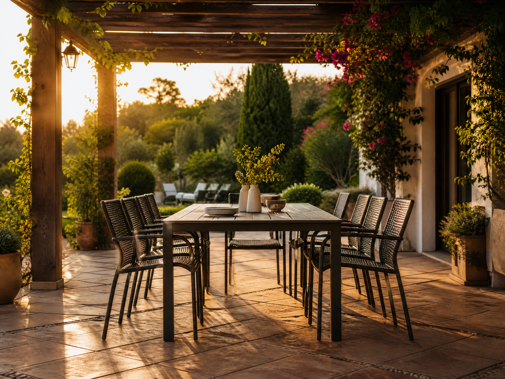 Pergola shaded outdoor dining area with contract furniture