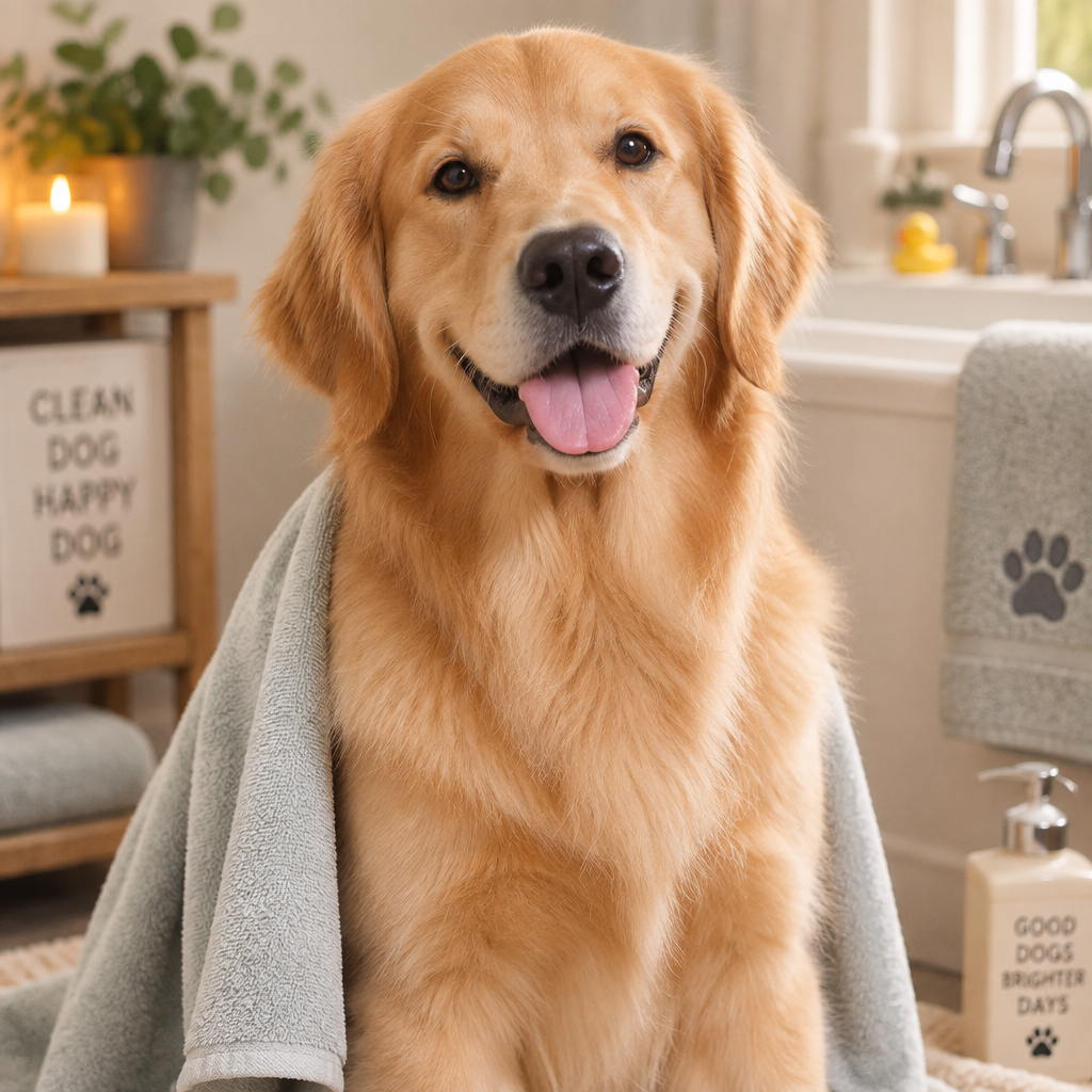 Happy golden retriever after bath looking fluffy and clean