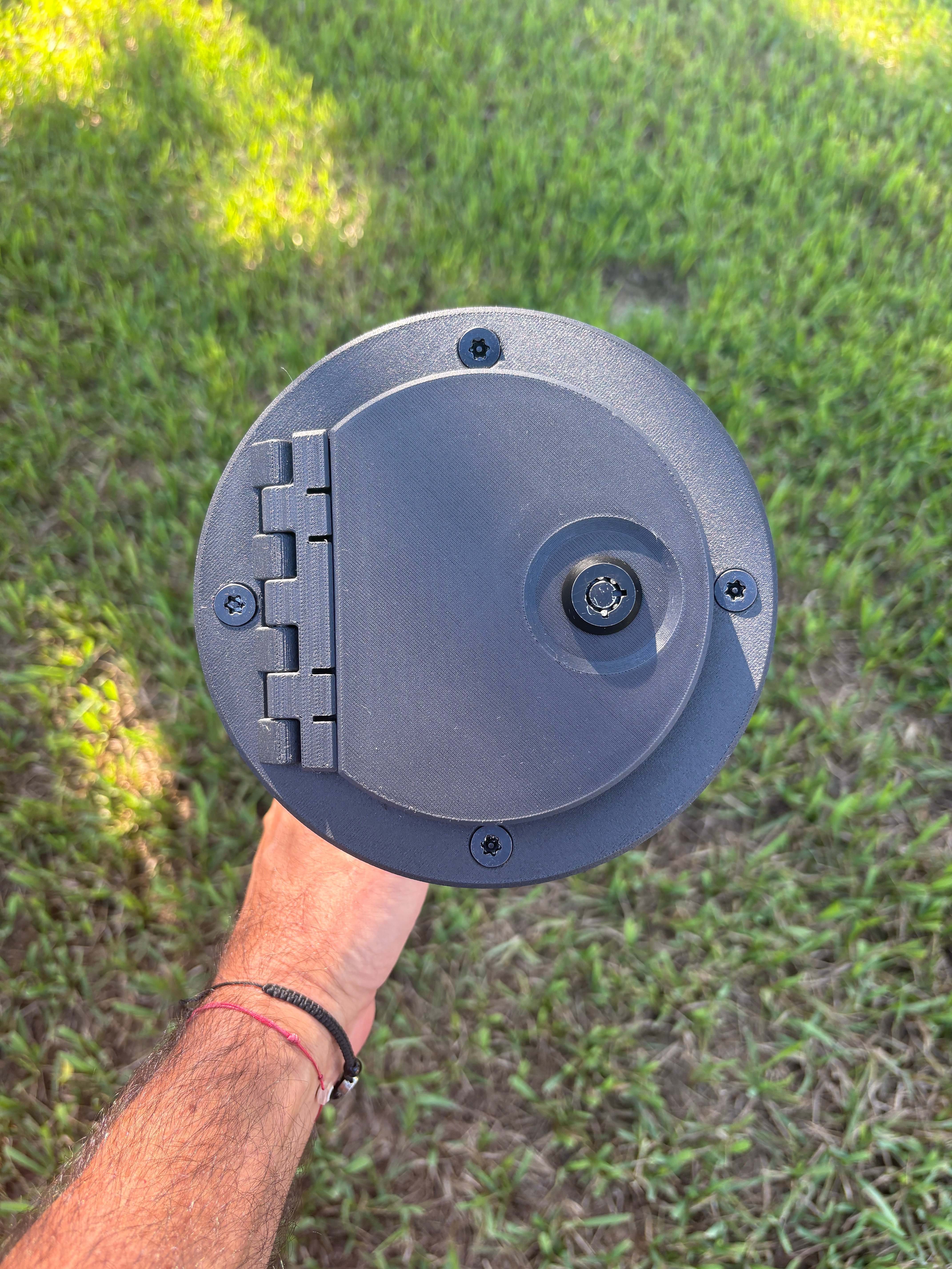 RV Fuel Vault Round Bezel — sealed and locked — RV Fuel Vault locking fuel door installed