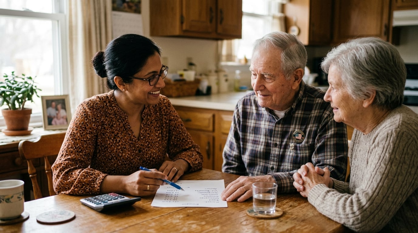 A South Asian woman financial advisor reviewing a simple paper budget with an elderly White veteran couple at their kitchen table