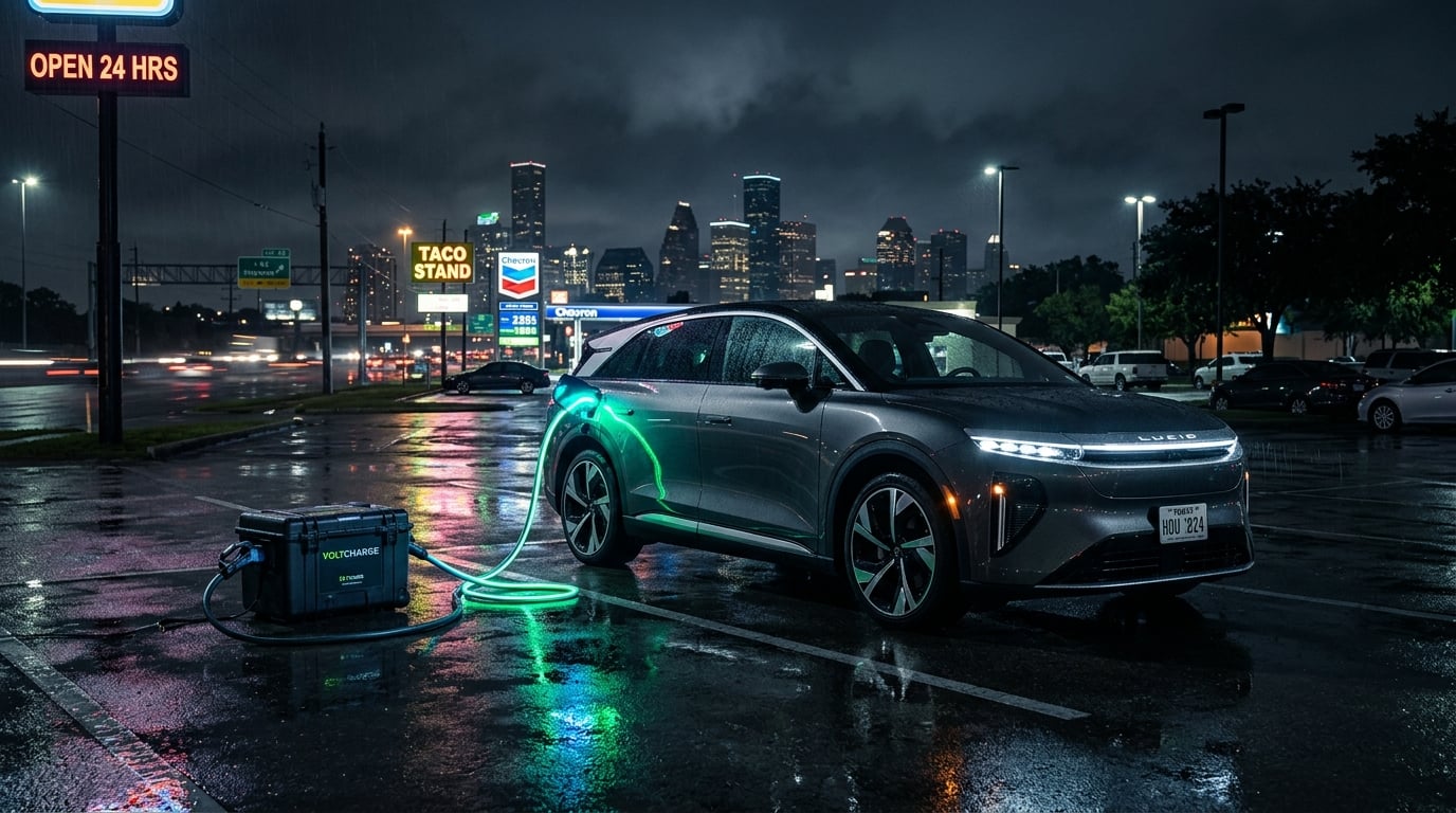 Electric vehicle being charged at night in Houston