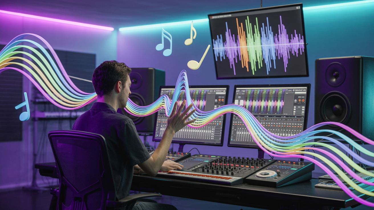 Professional beat maker creating cosmic beats with holographic effects leaping off screens
