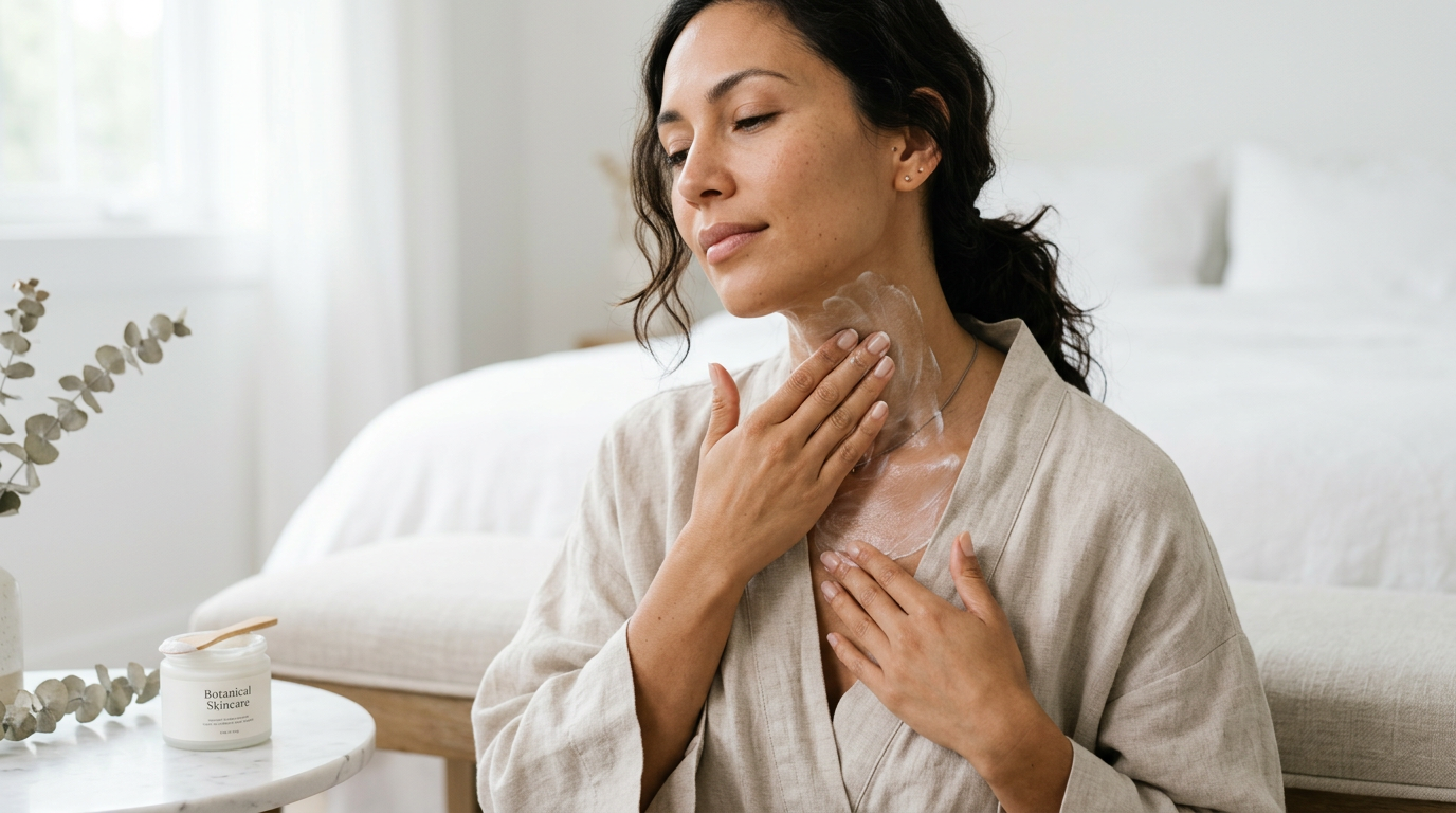Woman applying CBD cream to neck and décolleté as part of skincare routine
