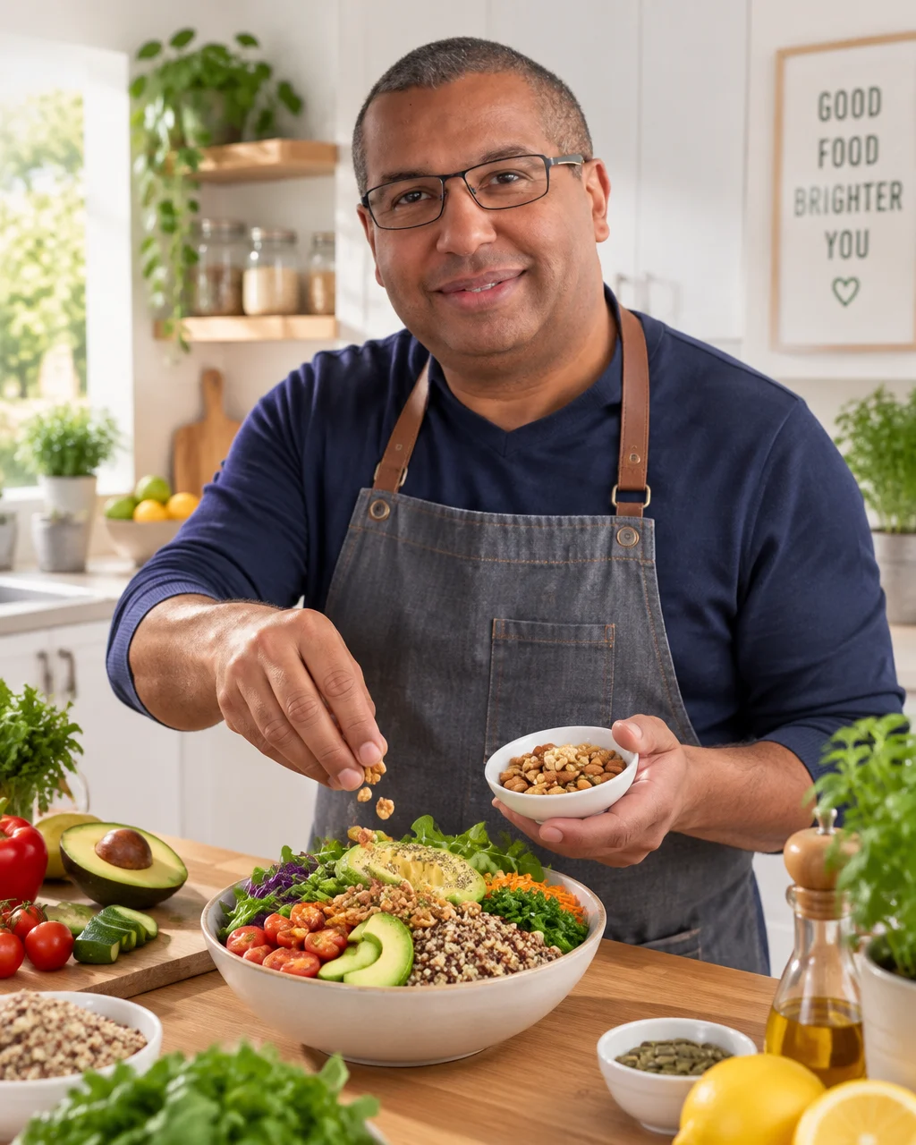Daniel Frei bereitet eine gesunde, nährstoffreiche Bowl mit Gemüse, Avocado und Nüssen zu