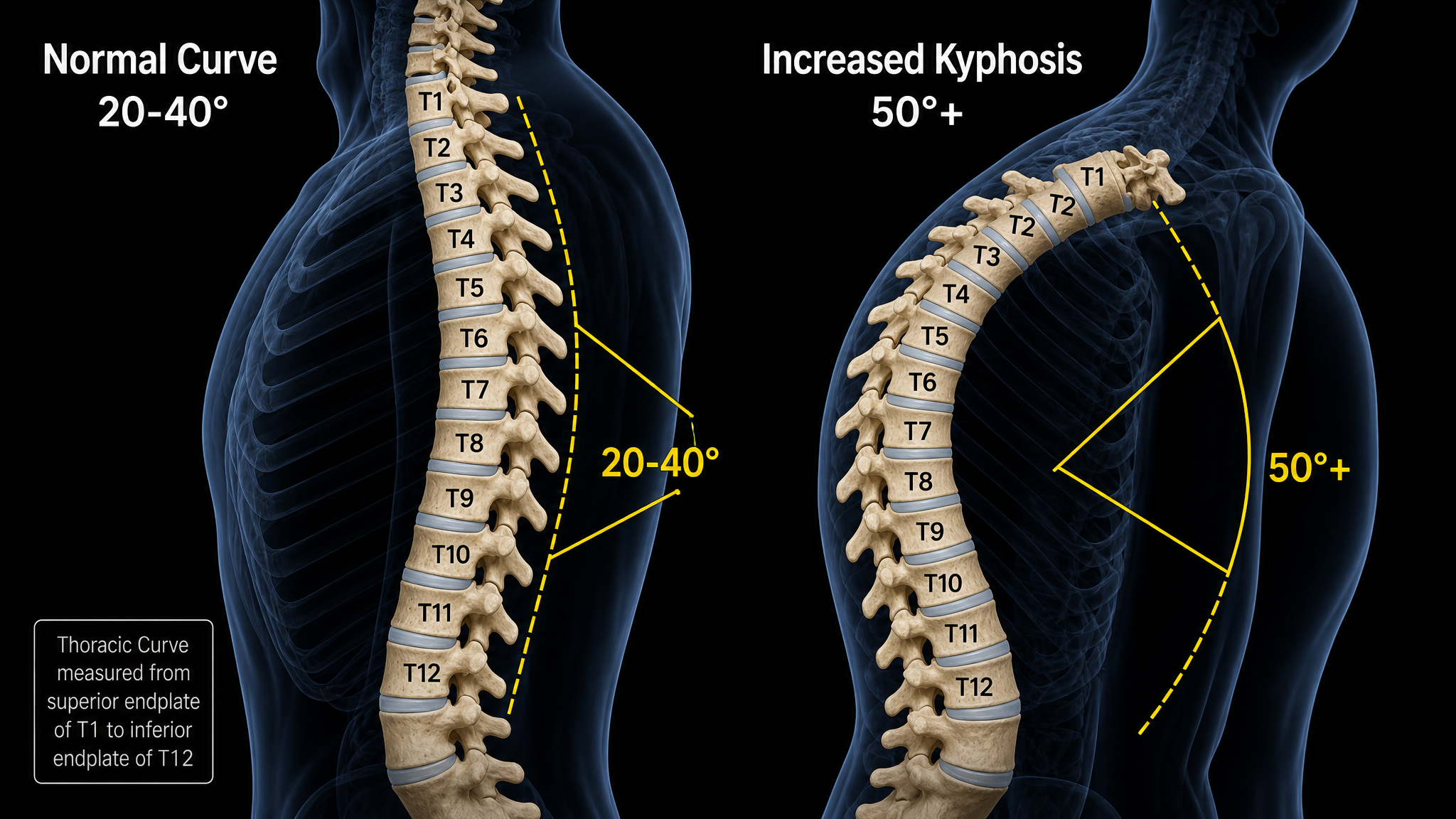 Illustration comparing a normal thoracic curve with increased kyphosis, with the curvature angle marked in degrees