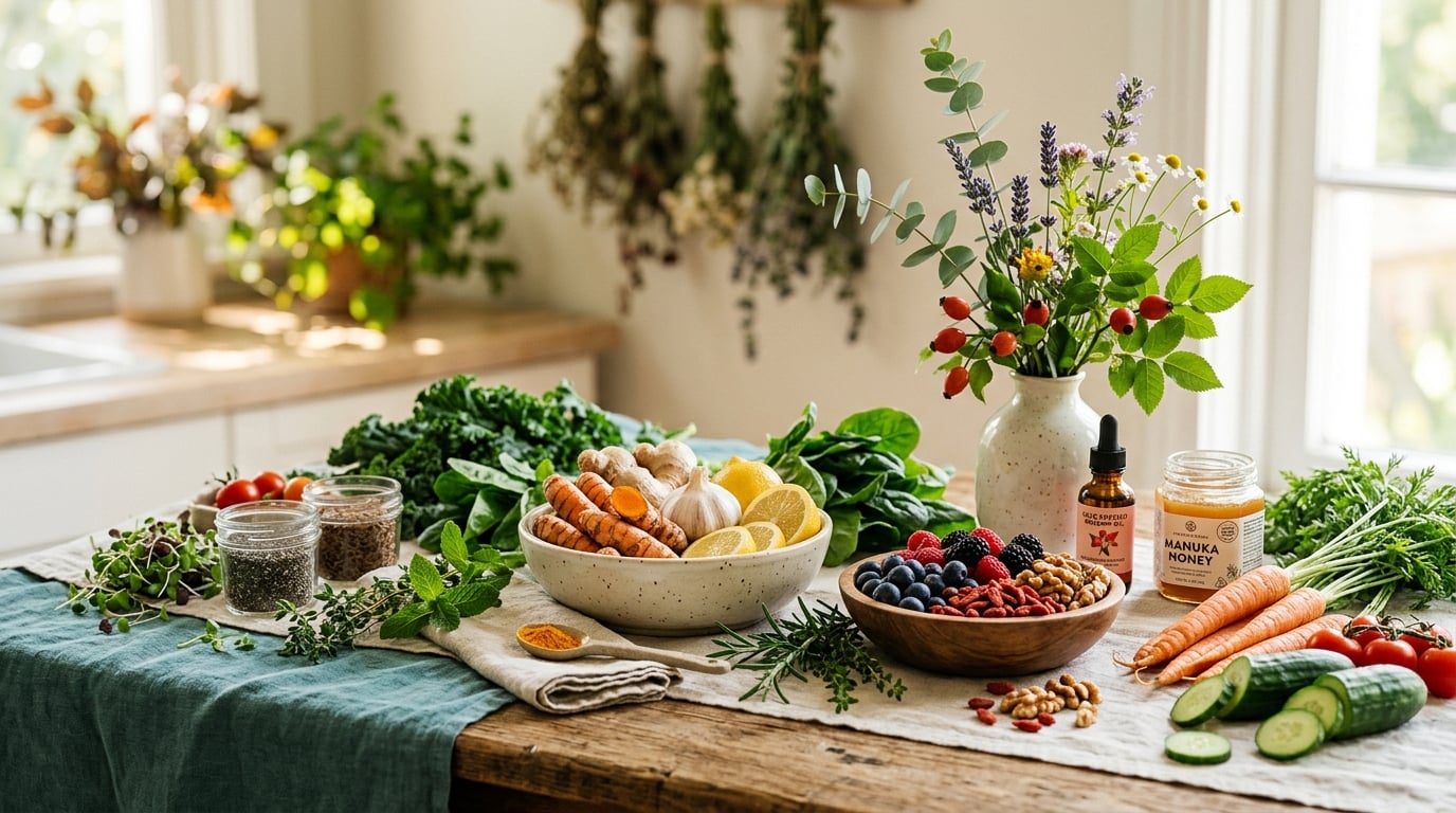 Natural foods and botanicals representing the link between diet and skin health