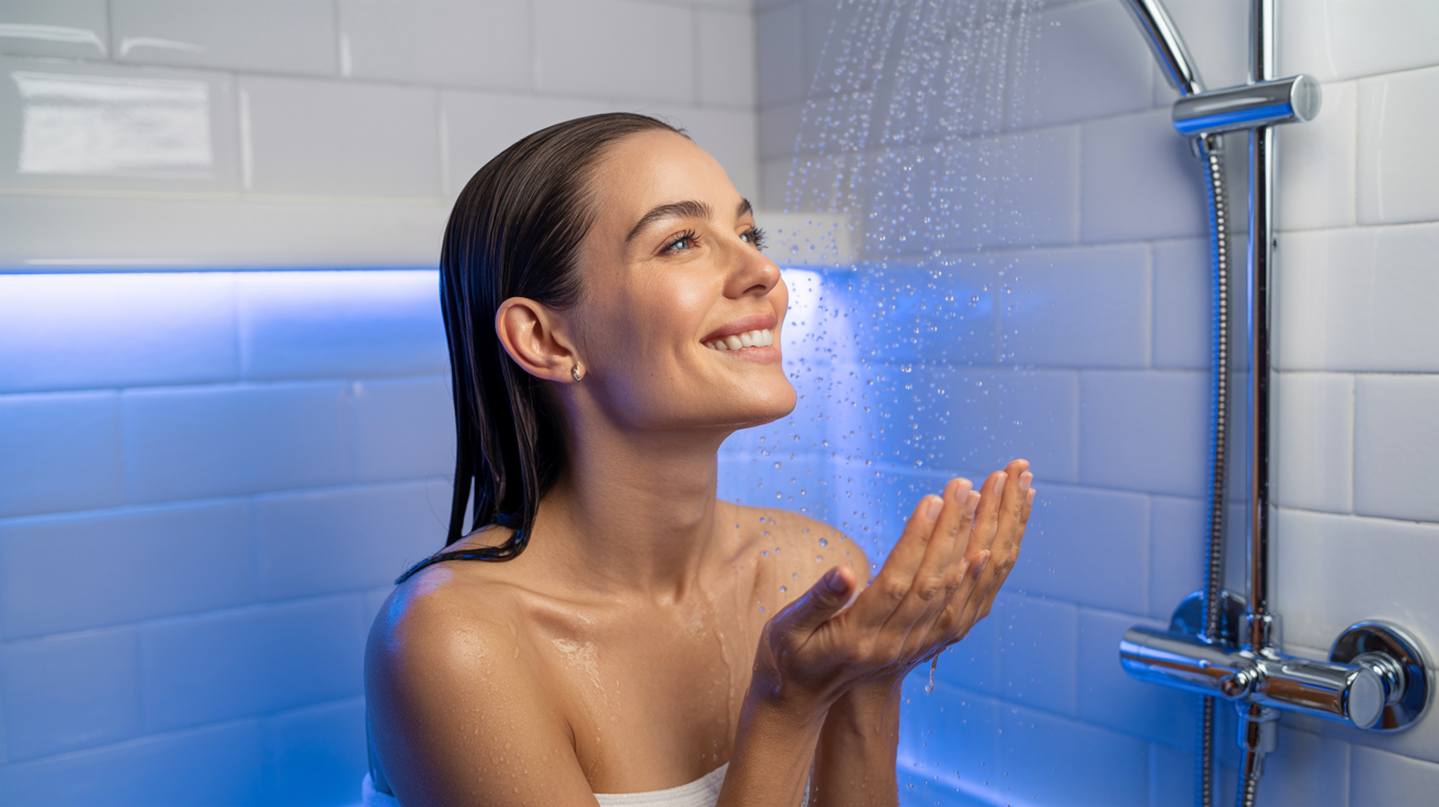 Woman enjoying the benefits of soft water — healthy skin and shiny hair in a modern shower