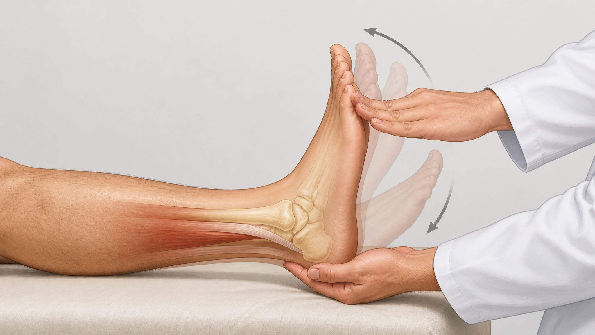 Illustration of a clinician rapidly dorsiflexing a patient's ankle with rhythmic oscillation arrows showing sustained clonus