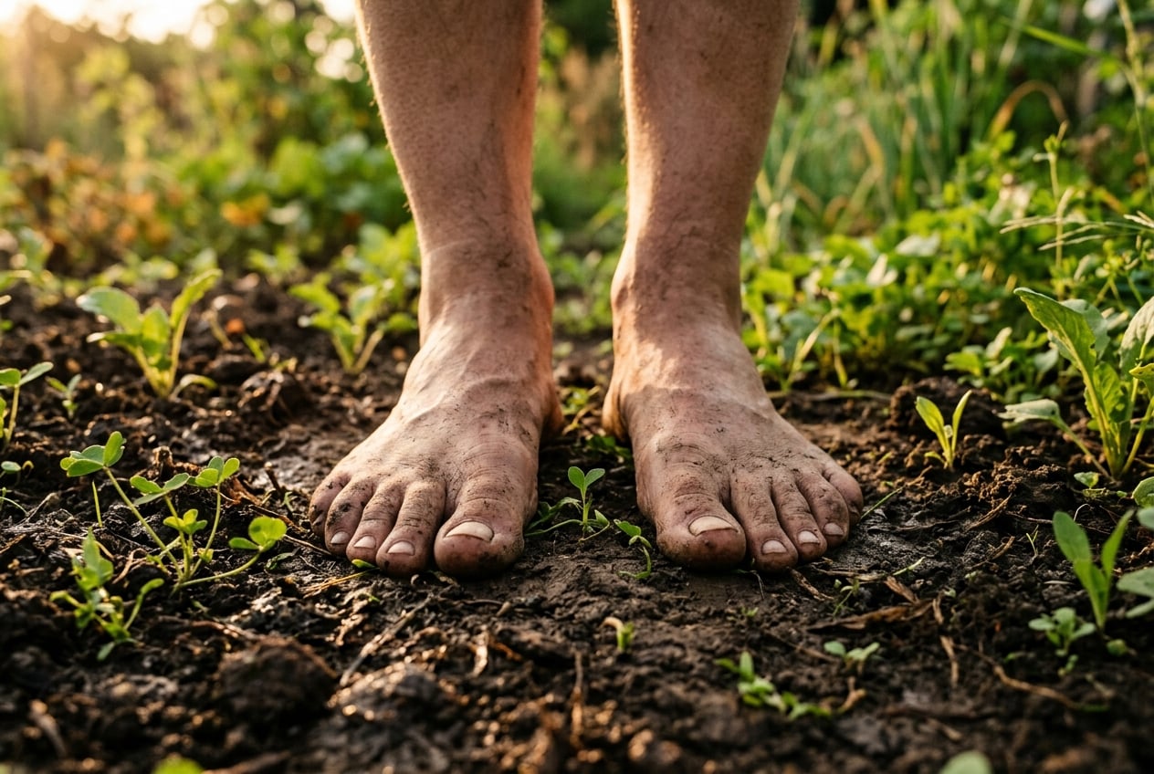 Close-up of bare feet on rich soil with green plants, illustrating the electron transfer from Earth to the human body