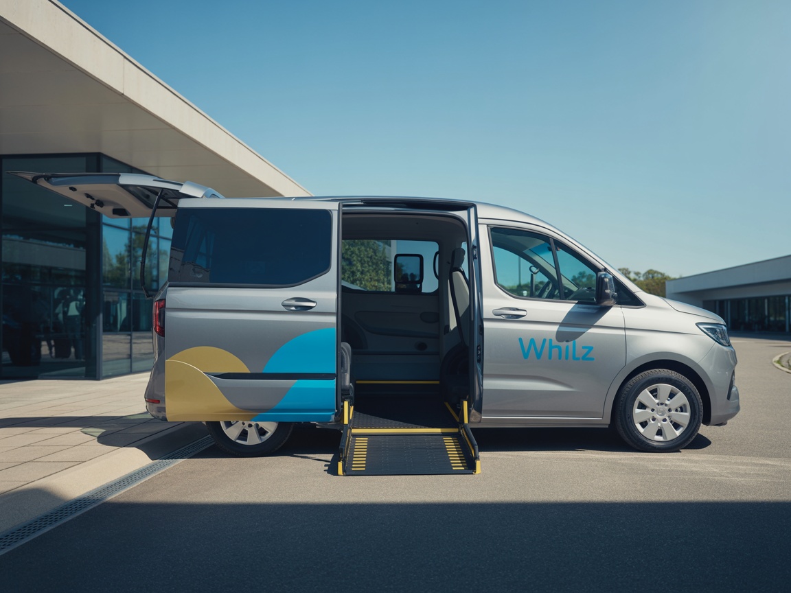 Wheelchair accessible vehicle with ramp deployed at building entrance