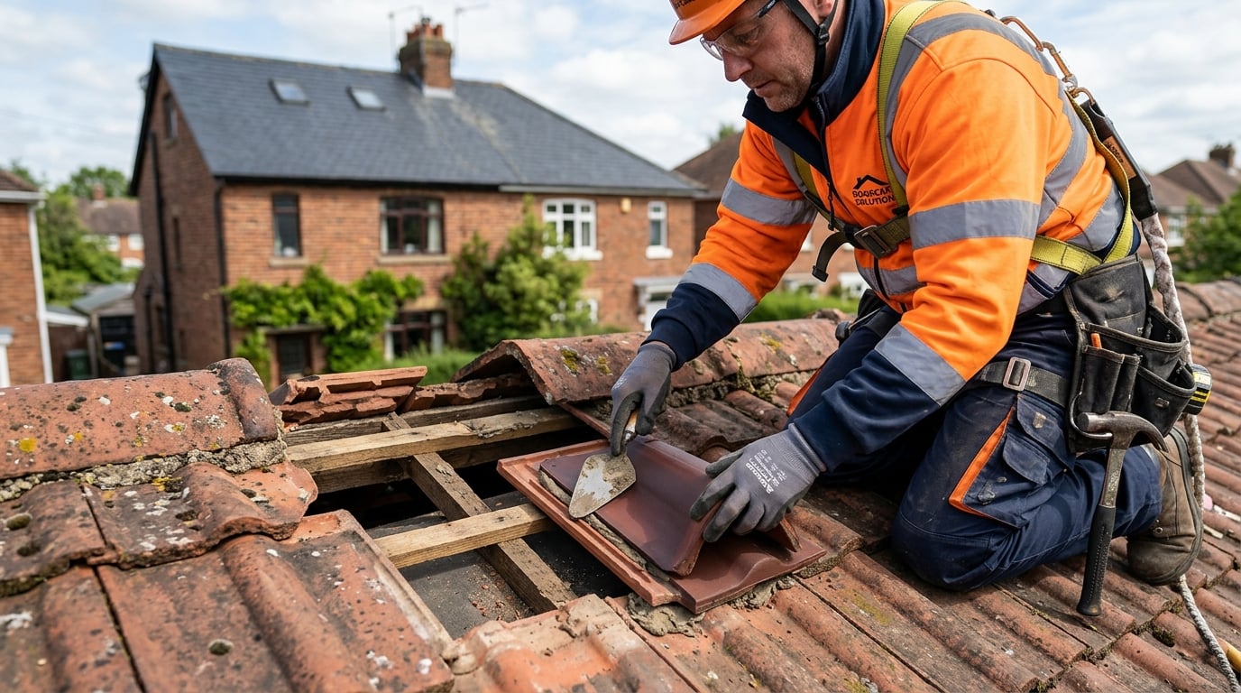 Roofer replacing broken roof tiles on a UK house