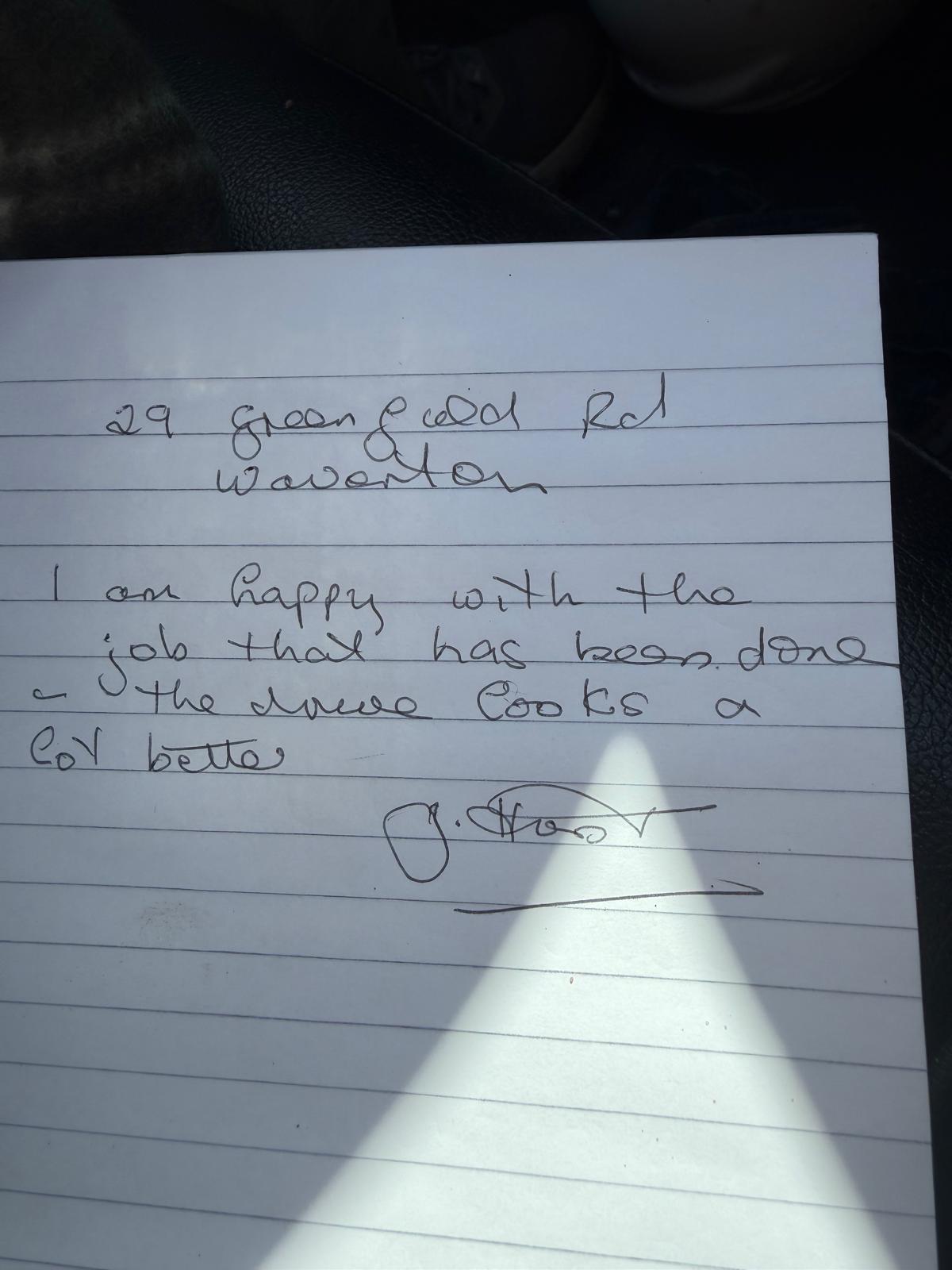 Handwritten thank-you note from J. Hood