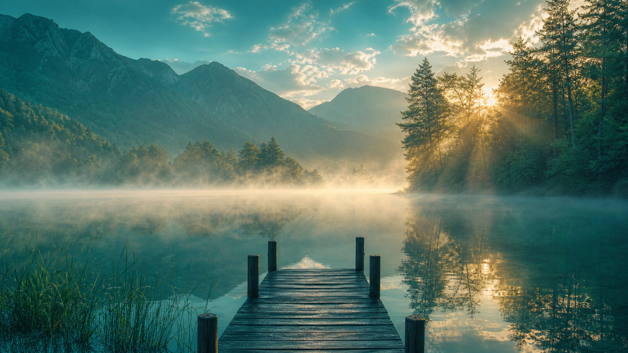 Friedliche Naturlandschaft mit Morgenlicht über einem stillen See