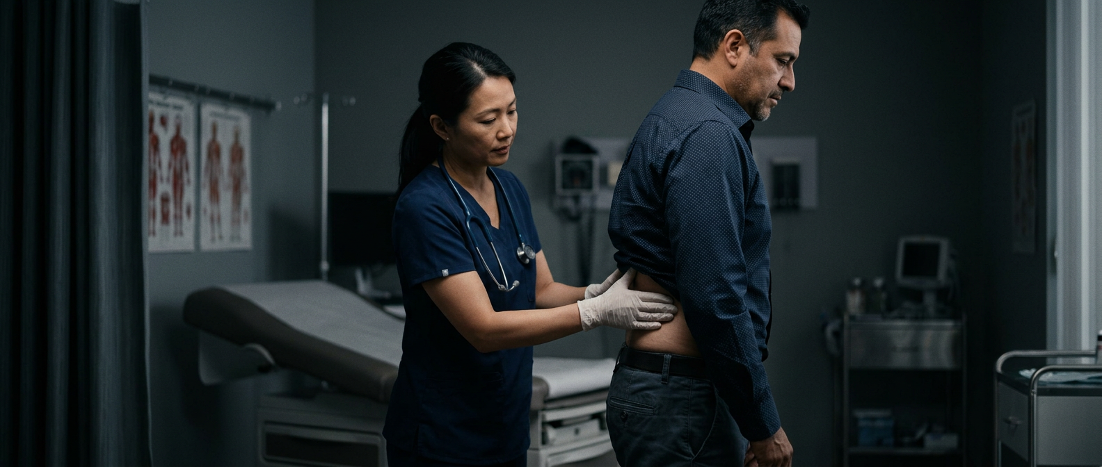 A physician palpating a standing middle-aged Hispanic man veteran's lower back at the belt line during a lumbar spine examination in a clinic room