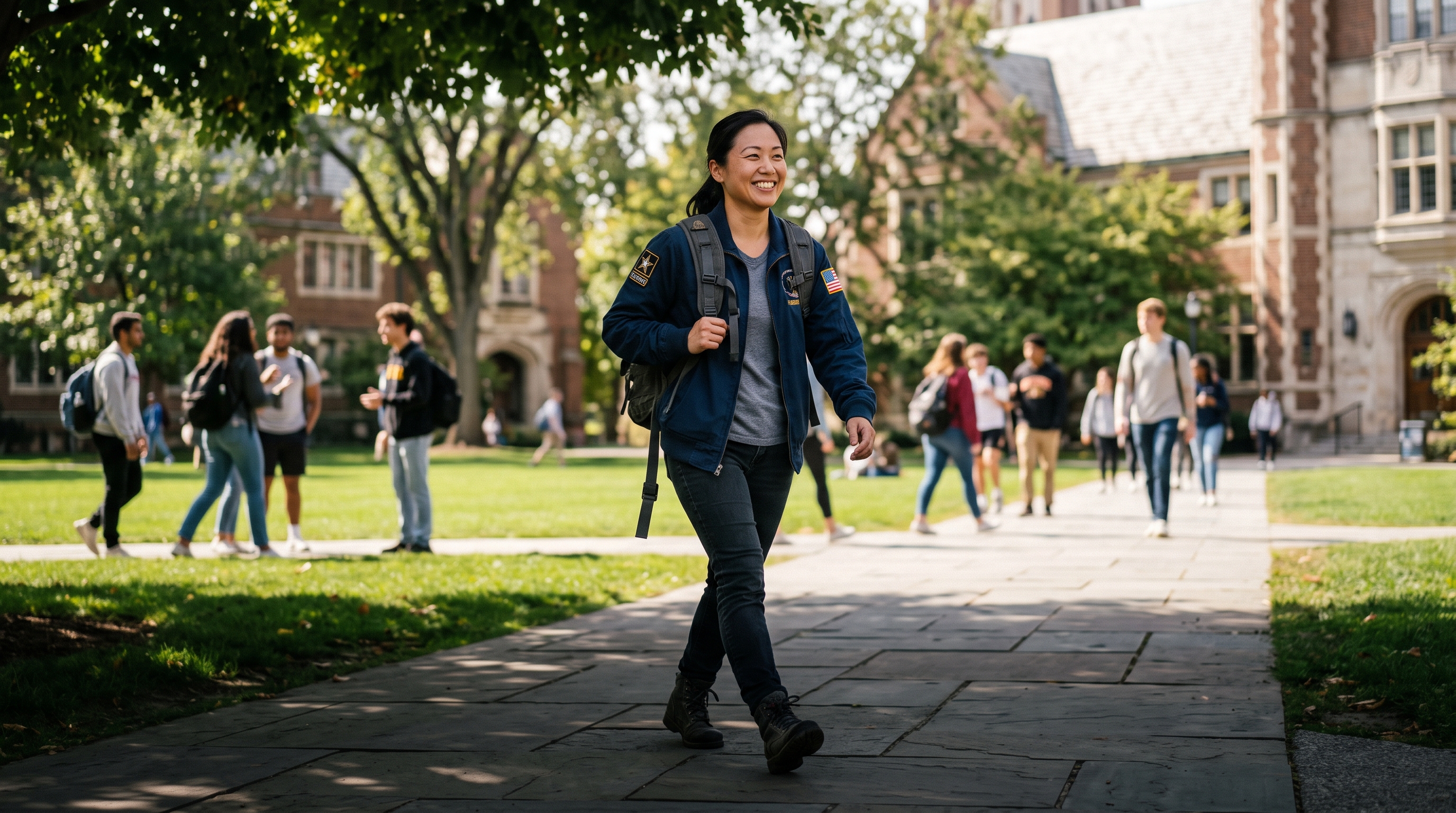 A student veteran on a sunny campus quad between in-person classes