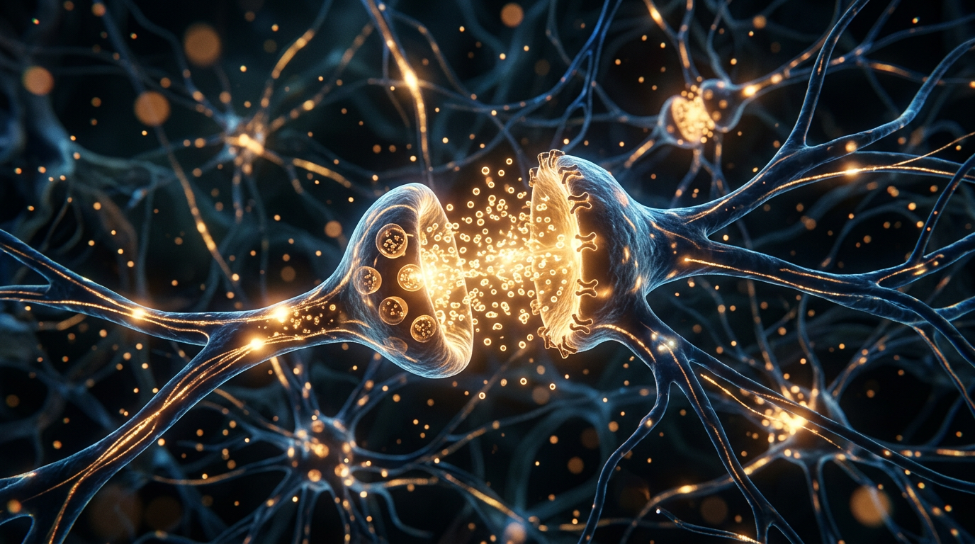 Moléculas de dopamina e sinapses neurais disparando em brilho dourado e azul — a química cerebral da concentração