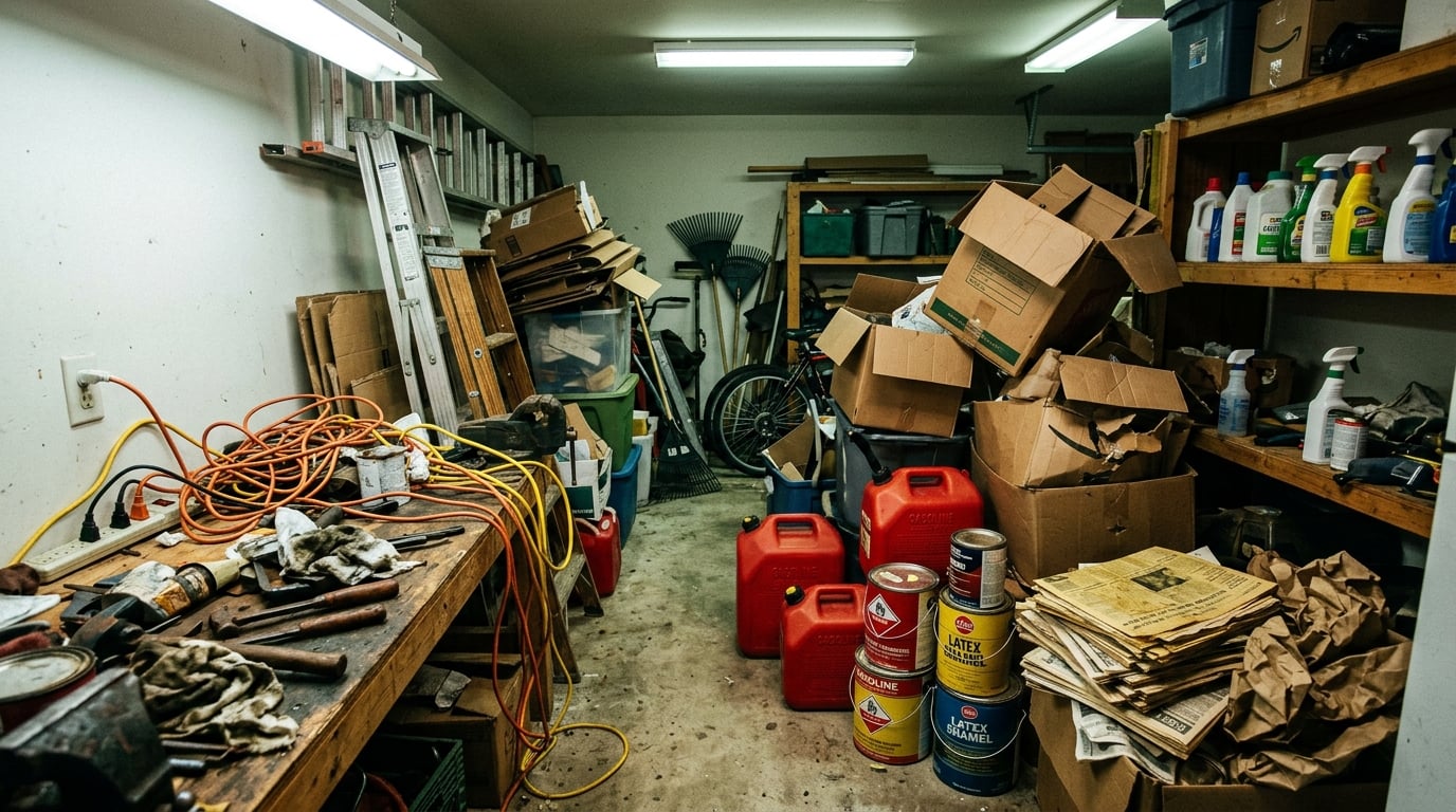 Garage with e-bikes and fire safety equipment