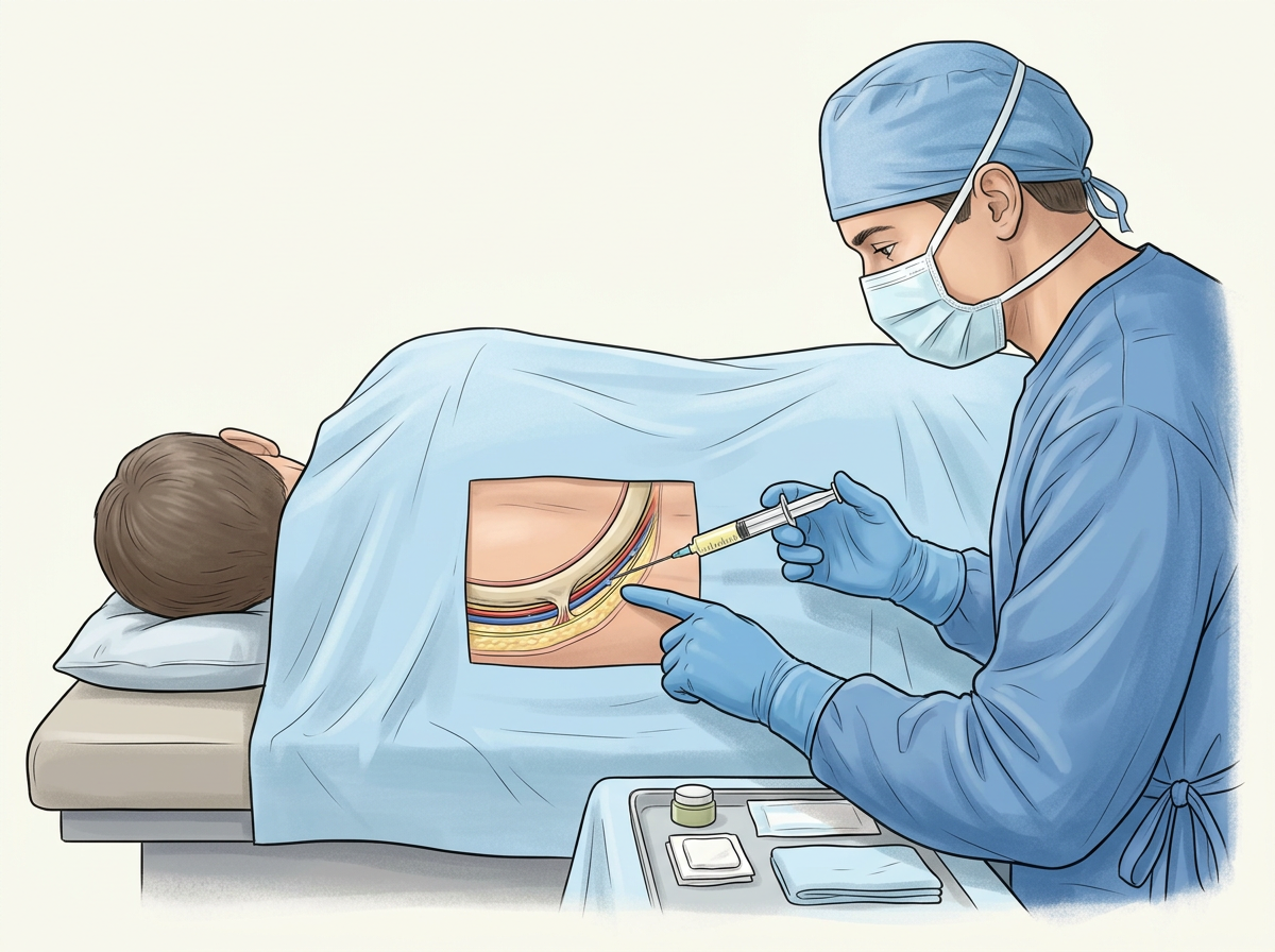 Illustration of a clinician performing a targeted intercostal nerve-block injection along a draped patient's rib