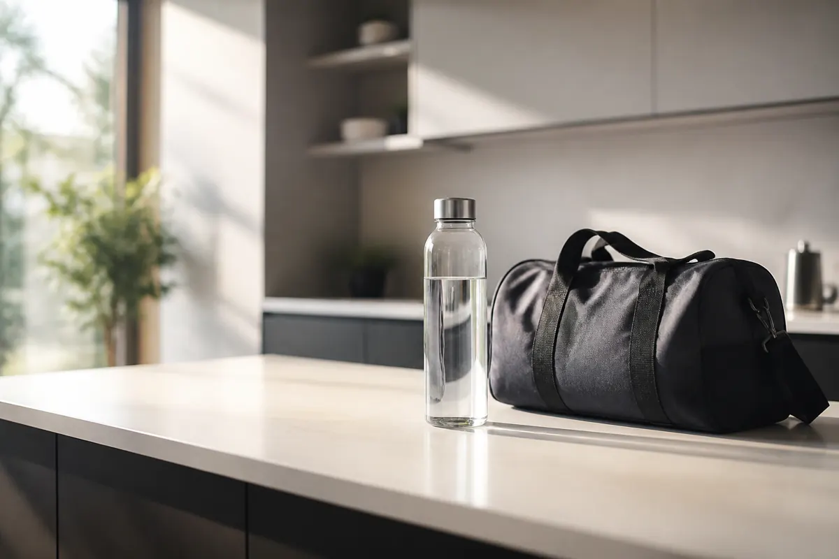 Encimera de cocina limpia con una botella de agua reutilizable y una bolsa de deporte apoyada al lado, luz natural de mañana, sin personas y sin alimentos servidos.